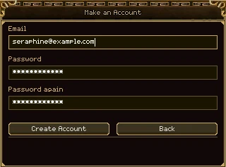 The Make an Account window: Email, Password and Password again, with Create Account and Back buttons.