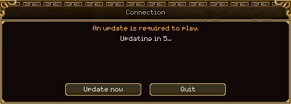 The Connection window: An update is required to play. Updating in 5... Buttons: Update now and Quit.