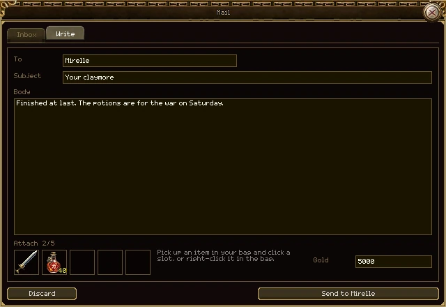 The Mail window on its Write tab: To Mirelle, Subject Your claymore, a short message in the body, a claymore and 40 healing potions in two of the five attachment slots, 5000 in the Gold box, and Discard and Send to Mirelle buttons.