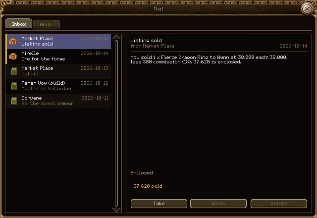 The Mail window on its Inbox tab. Five letters down the left: Listing sold from the Market Place, Ore for the forge from Mirelle, Outbid from the Market Place, a letter from the Ashen Vow guild, and one from Corvane. The first is open on the right: You sold 1 x Fierce Dragon Ring to Wynn at 38,000 each: 38,000, less 380 commission (1%). 37,620 is enclosed. Under it, Enclosed: 37,620 gold, and Take, Reply and Delete buttons.