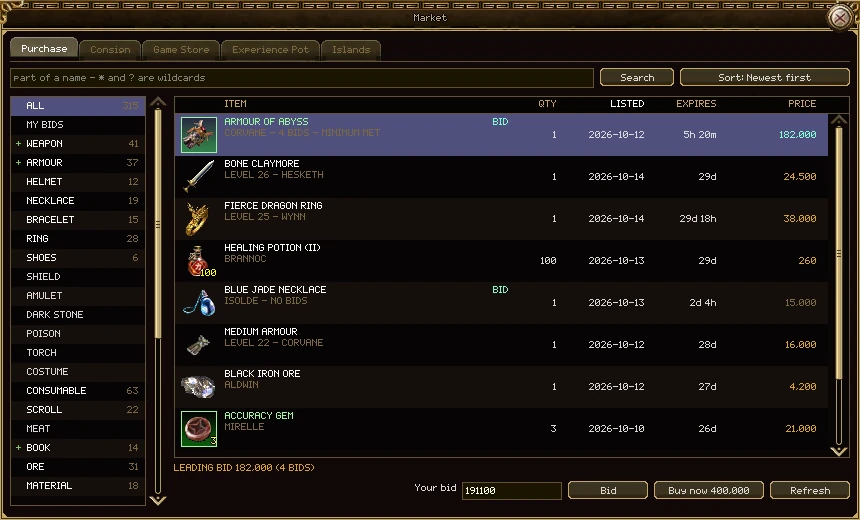 The Purchase tab with the auction for Armour of Abyss picked: leading bid 182,000 from 4 bids, minimum met, 5 hours 20 minutes left. Under the table: Your bid 191100, a Bid button, and Buy now 400,000.
