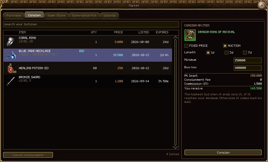 The Consign tab. On the left, four of your own listings: a coral ring, a blue jade necklace at auction with 2 bids and the minimum not met, 80 healing potions and a bronze sword with 3 hours 50 minutes left. Cancel consignment is greyed. On the right, the counter with a Dragon Ring of Revival on it, Auction ticked with a 1 day length, Minimum 150000, Buy now 400000, and the sum: at least 150,000, fee 0, commission 1,500, you receive 148,500, and a Consign button.