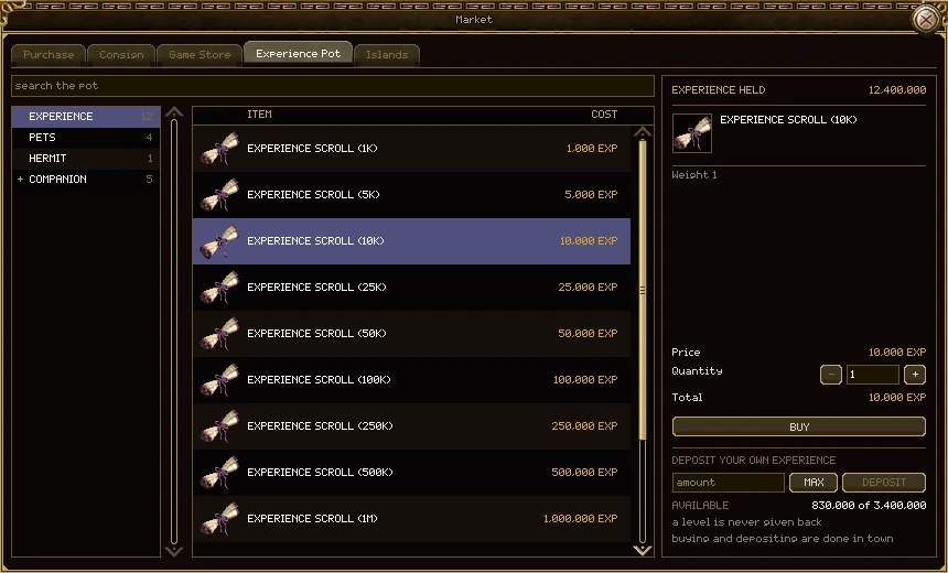 The Experience Pot tab. Shelves down the left: Experience, Pets, Hermit and Companion. A list of Experience Scrolls from 1K to 1M with their cost in experience. On the right, Experience held 12,400,000, the 10K scroll picked with its price, quantity, total and a Buy button, and under it the deposit box with MAX and Deposit, available 830,000 of 3,400,000.