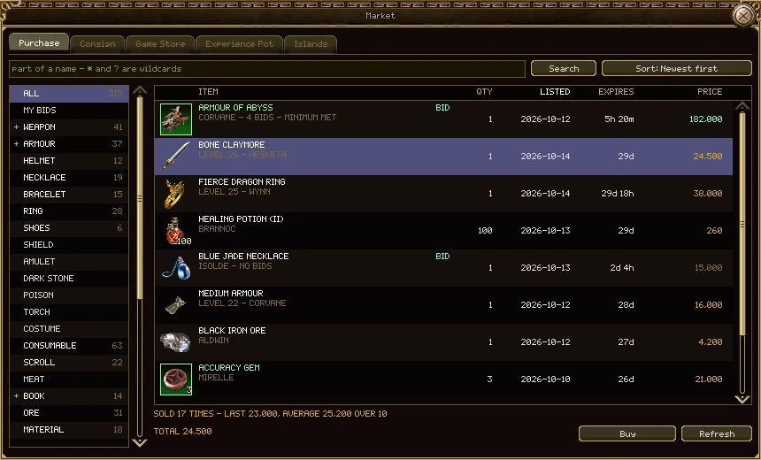 The market's Purchase tab. A search box and a Sort: Newest first button; a list of item kinds down the left with counts; a table of listings with item, quantity, date listed, time left and price, including two auctions marked BID. The Bone Claymore is picked, and under the table it says it sold 17 times, last for 23,000, average 25,200 over 10, total 24,500, with Buy and Refresh buttons.