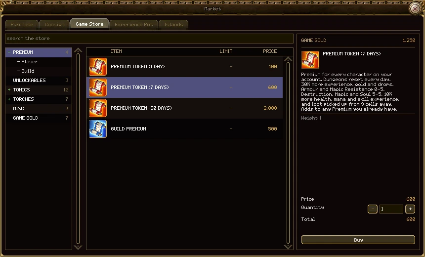 The Game Store tab. Categories down the left: Premium open into Player and Guild, Unlockables, Tonics, Torches, Misc and Game Gold. In the middle, four Premium entries with their prices: 1 day 100, 7 days 600, 30 days 2,000, Guild Premium 500. On the right, Game Gold 1,250, the 7-day Premium Token picked with what it does, its price, a quantity of 1 with minus and plus buttons, the total and a Buy button.