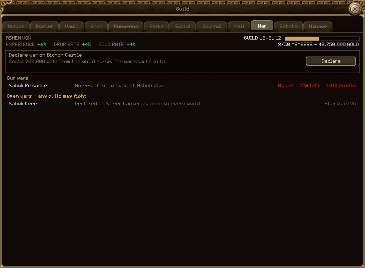 The guild window on its War tab: a line offering to declare war on Bichon Castle for 200,000 gold with a Declare button, Our wars listing Sabuk Province at war with 12 minutes left and 1,412 points, and Open wars listing Sabuk Keep, declared by Silver Lanterns, starting in 2 hours.