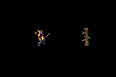 A new wizard using Adamantine Fire Ball on a training target, on black.