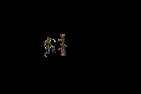 A new warrior using Blade Storm on a training target, on black.