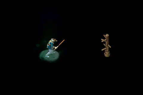A new wizard using Blow Earth on a training target, on black.