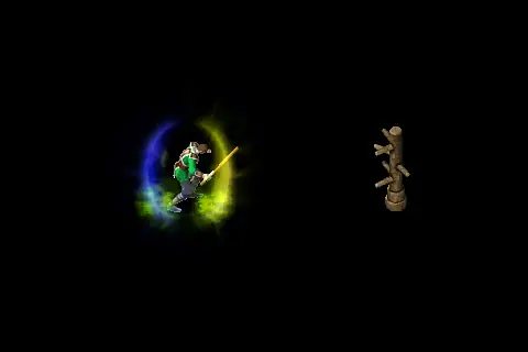 A new taoist using Celestial Light on a training target, on black.