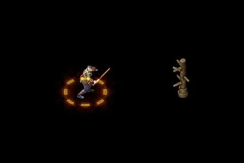 A new taoist using Cursed Doll on a training target, on black.
