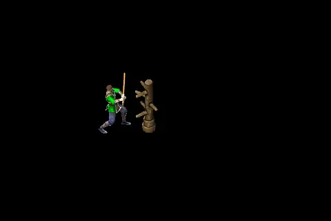 A new warrior using Destructive Surge on a training target, on black.