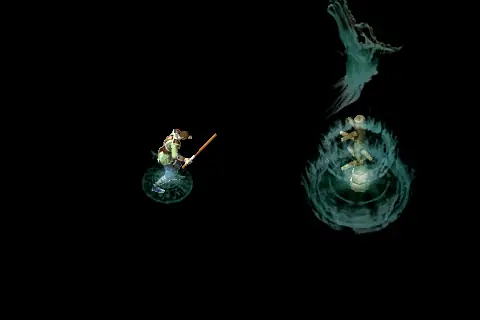 A new wizard using Dragon Tornado on a training target, on black.