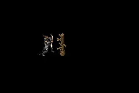 A new assassin using Elemental Puppet on a training target, on black.