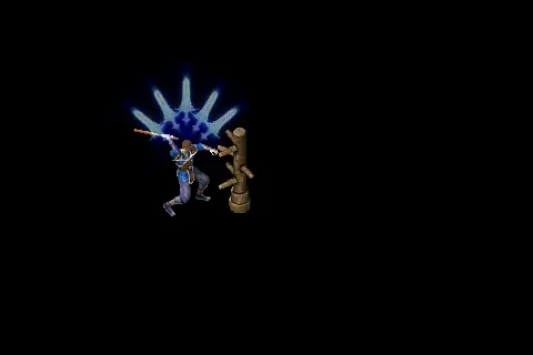 A new warrior using Elemental Swords on a training target, on black.