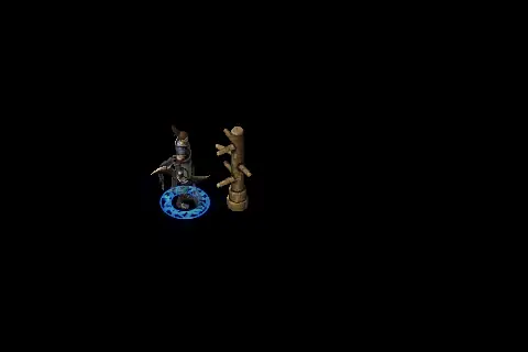A new assassin using Evasion on a training target, on black.