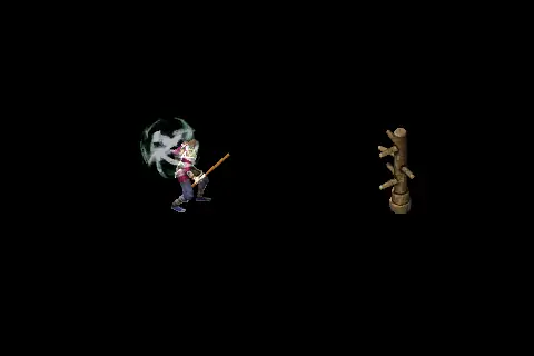 A new taoist using Greater Evil Slayer on a training target, on black.
