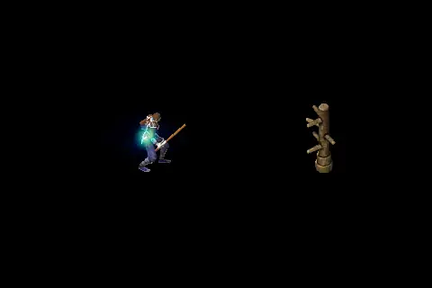 A new wizard using Gust Blast on a training target, on black.