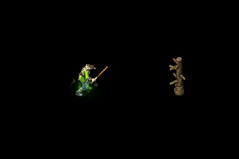 A new taoist using Heal on a training target, on black.
