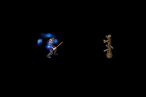 A new wizard using Ice Blades on a training target, on black.