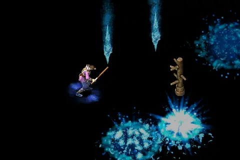A new wizard using Ice Rain on a training target, on black.