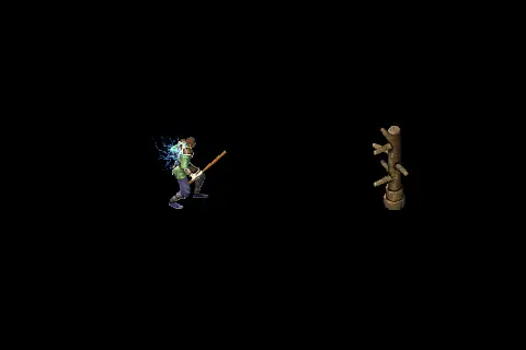 A new wizard using Lightning Ball on a training target, on black.