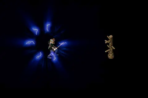 A new wizard using Lightning Strike on a training target, on black.