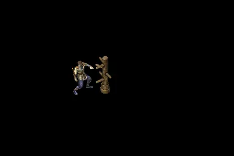 A new warrior using Shoulder Dash on a training target, on black.
