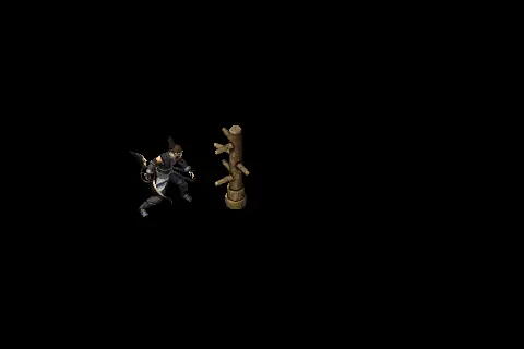A new assassin using Sweetbrier on a training target, on black.