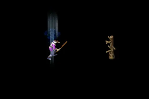 A new wizard using Teleportation on a training target, on black.