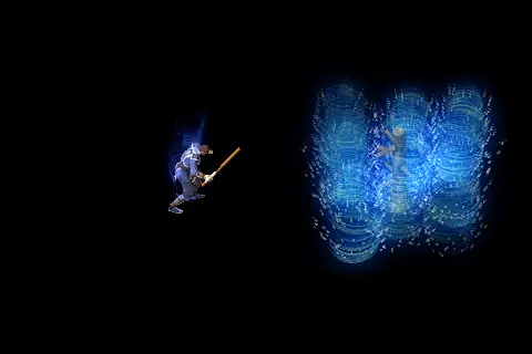 A new wizard using Tempest on a training target, on black.