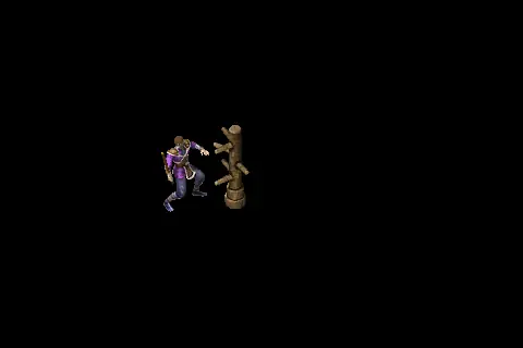 A new warrior using Thrusting on a training target, on black.