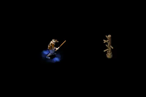 A new wizard using Thunder Bolt on a training target, on black.