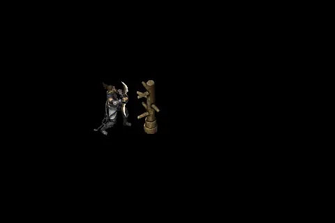 A new assassin using Waning Moon on a training target, on black.