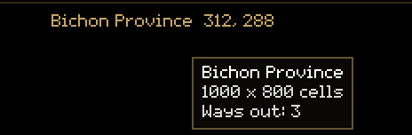 The map name and coordinates in gold, with a tooltip giving the map's size and its number of exits